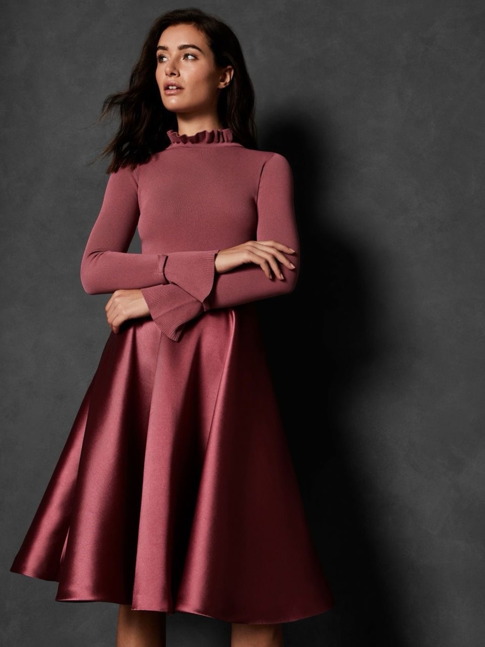 Ted Baker Zadi Frill-Neck Full-Skirt Fit Flare Party Dress in Dusty pink US 4